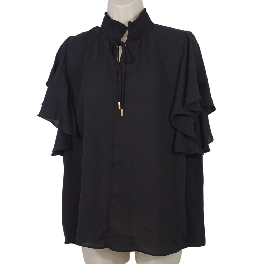 T Tahari Black Mock Neck Ruffle Sleeve High Neck Blouse Top Women Size L